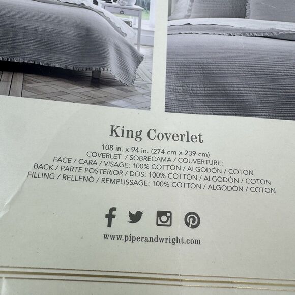 Piper & Wright KING Hadley Silver Ruffled Quilt Coverlet - Picture 4 of 7